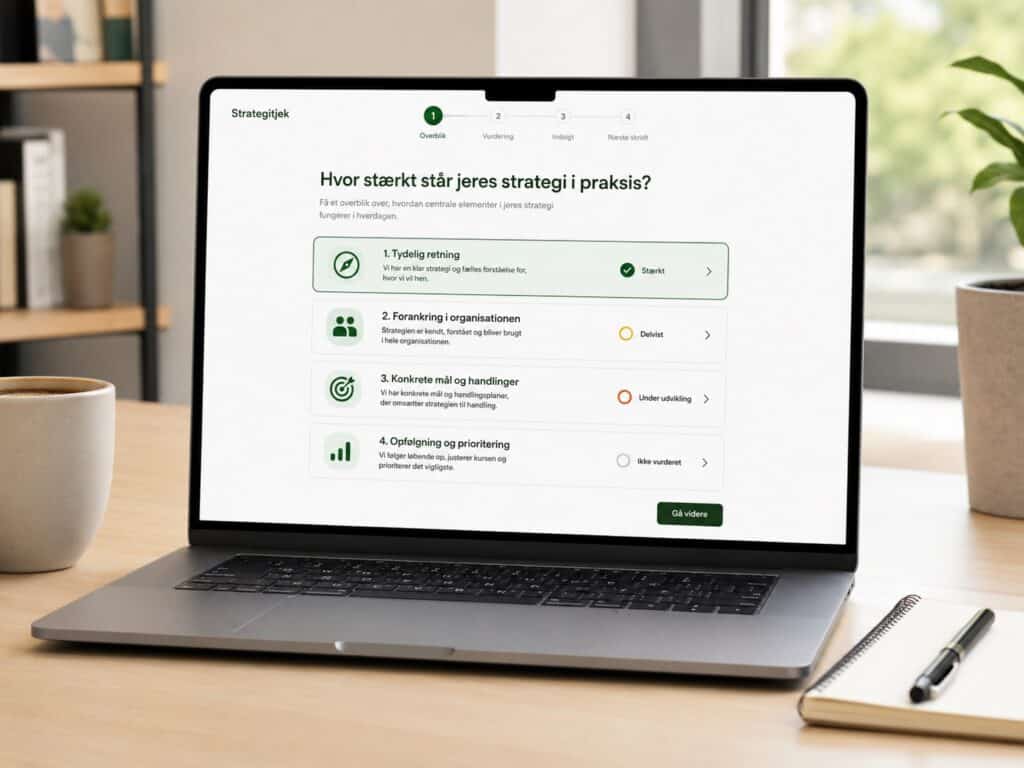 Laptop med strategiværktøj til vurdering af strategistyrke i praksis.