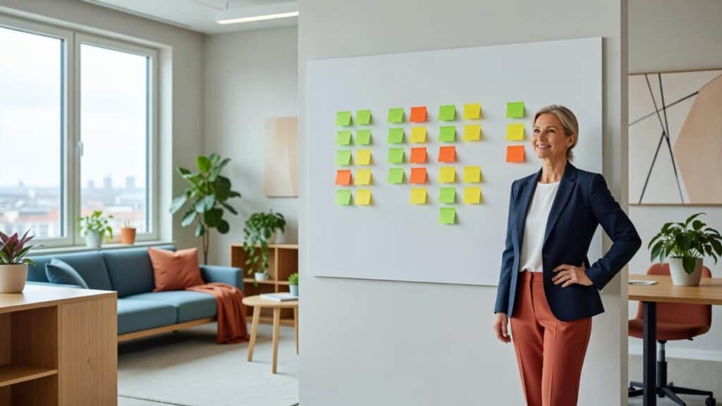 Kvindelig forretningskonsulent foran planlægningswhiteboard med post-its.