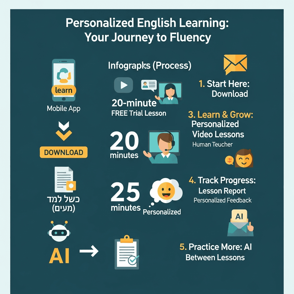 תהליך למידה באנגלית עם אפליקציה, סרטונים, תרגולים ודוחות התקדמות.