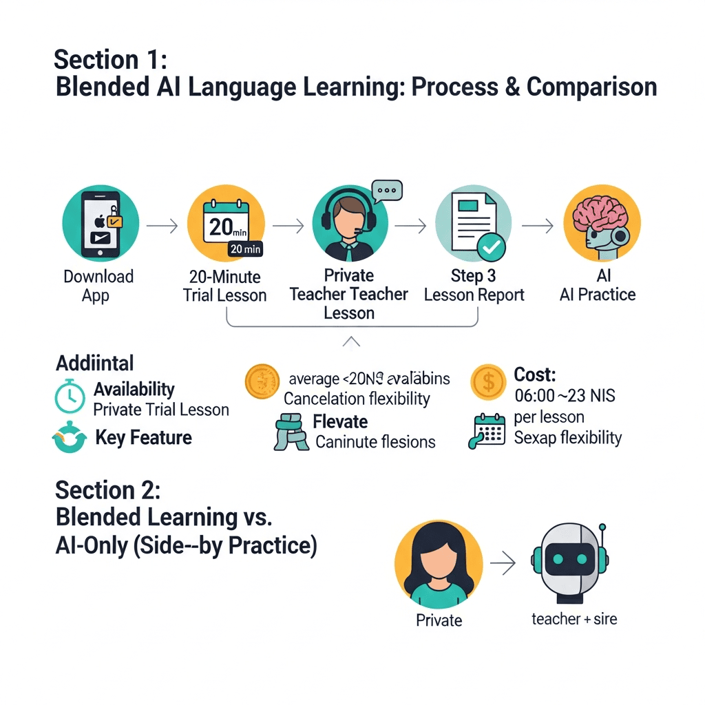 Infographic comparing AI-only English practice with blended teacher and AI learning, including i-fal lesson length, price, availability, and trial details.