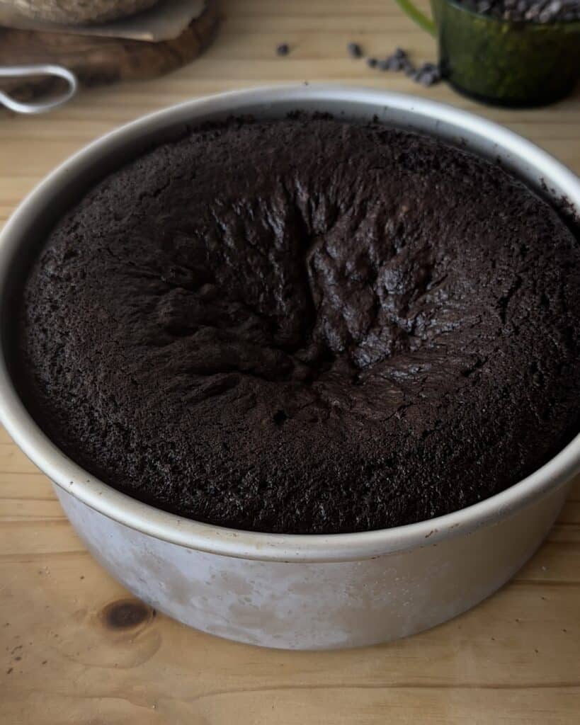 A freshly baked chocolate cake, golden brown on top and perfectly risen, ready to be enjoyed