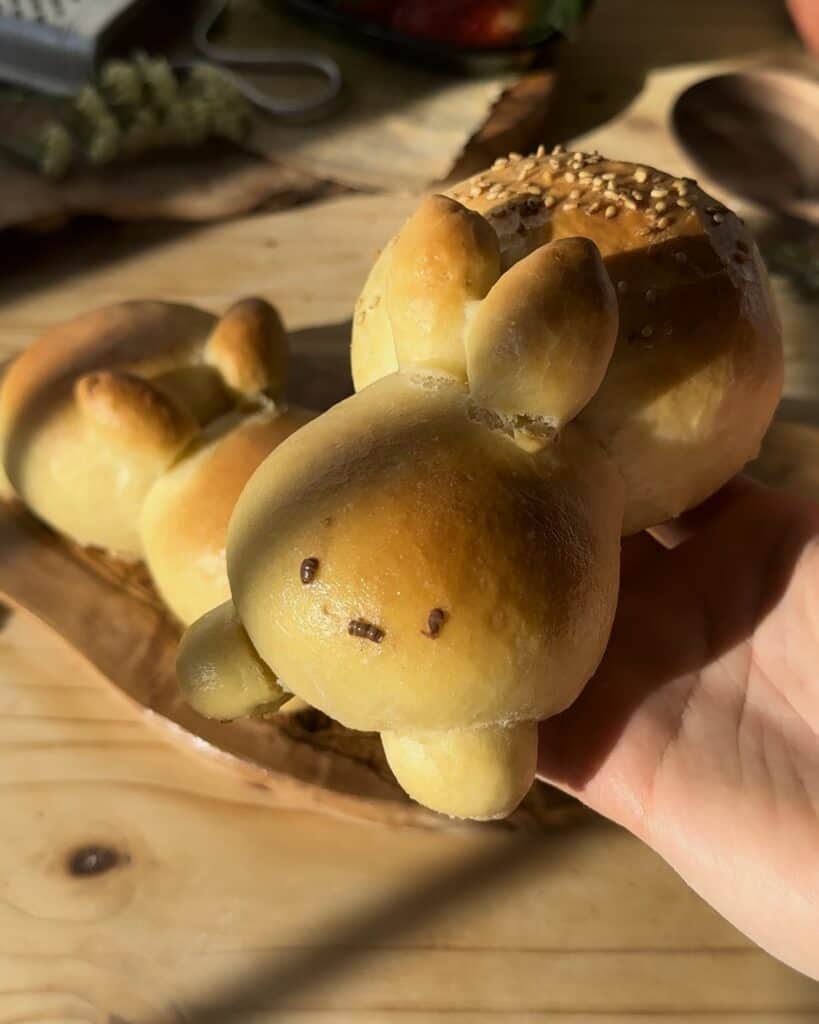Freshly baked bunny-shaped bread filled with rich chocolate, golden brown and ready to be enjoyed