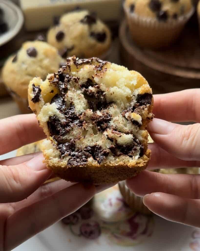 A freshly baked chocolate chip muffin split in half, revealing its soft, fluffy interior studded with gooey melted chocolate chips
