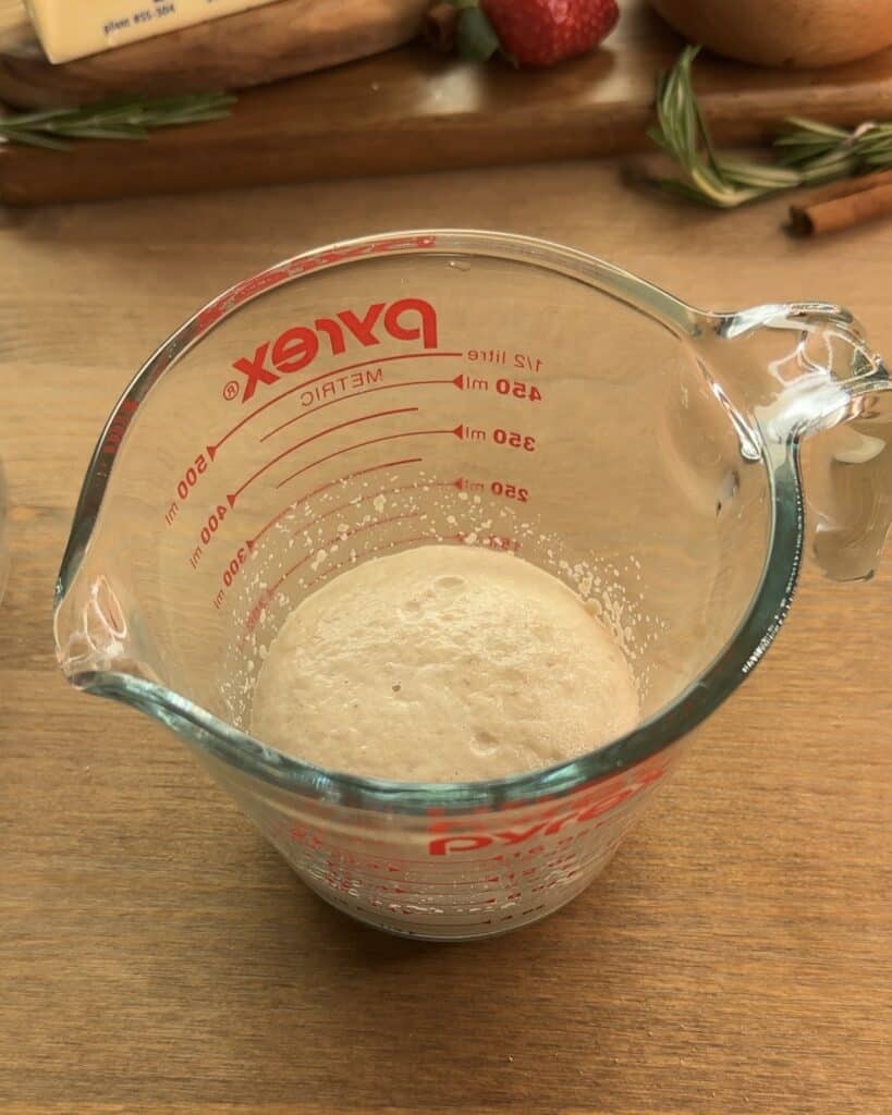 Mixing dry yeast, warm water, and sugar to make the sponge for Nutella-stuffed brioche