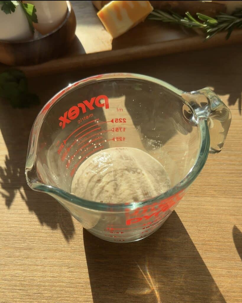 Mixing hot water, dry yeast, and sugar in a small bowl to prepare the sponge starter for Jellycat croissants