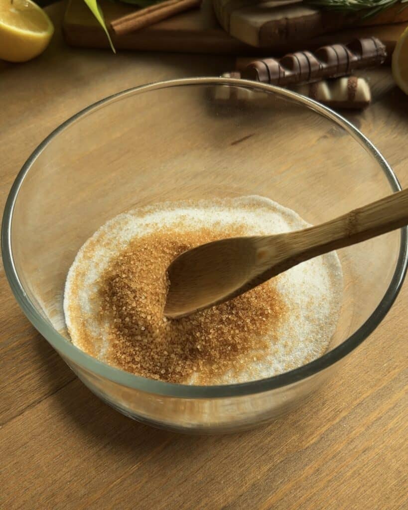 Granulated sugar and brown sugar combined in a bowl, ready to be mixed for making soft and gooey Kinder Bueno cookies