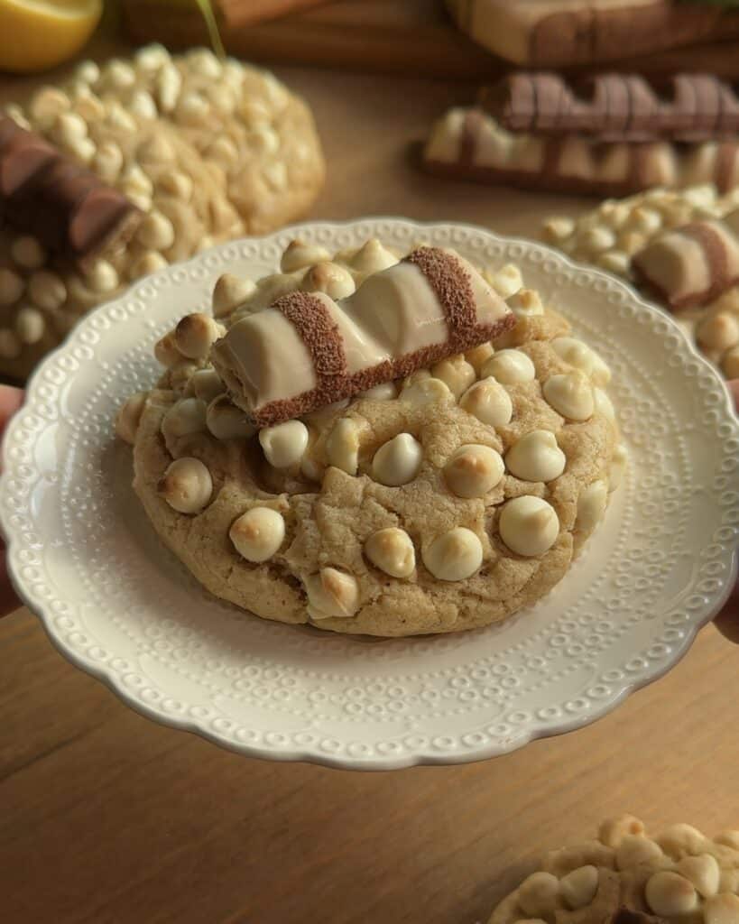Closeup of a freshly baked Kinder Bueno cookie topped with melted white chocolate chips and a Kinder Bueno piece in the center, looking irresistibly gooey and indulgent.