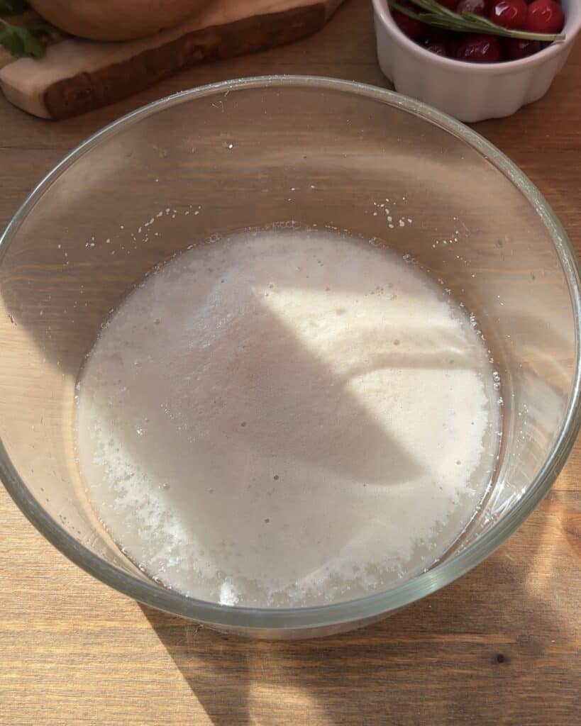 Foamy dough sponge made with warm water, sugar, and active dry yeast, ready to create the perfect base for homemade pizza dough