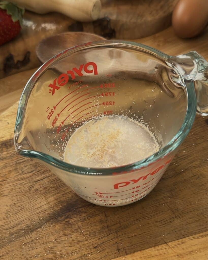 Sponge mixture for Nutella Bomb Donuts before being activated, showing a smooth, slightly bubbly texture ready to rise and form soft, fluffy donuts.