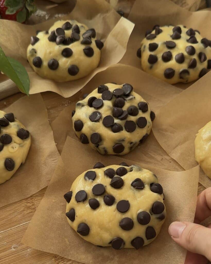 Shaped Nutella Bomb Donut dough into 6 donuts, filled with visible chocolate chips, ready for the second proofing to rise before frying or baking.