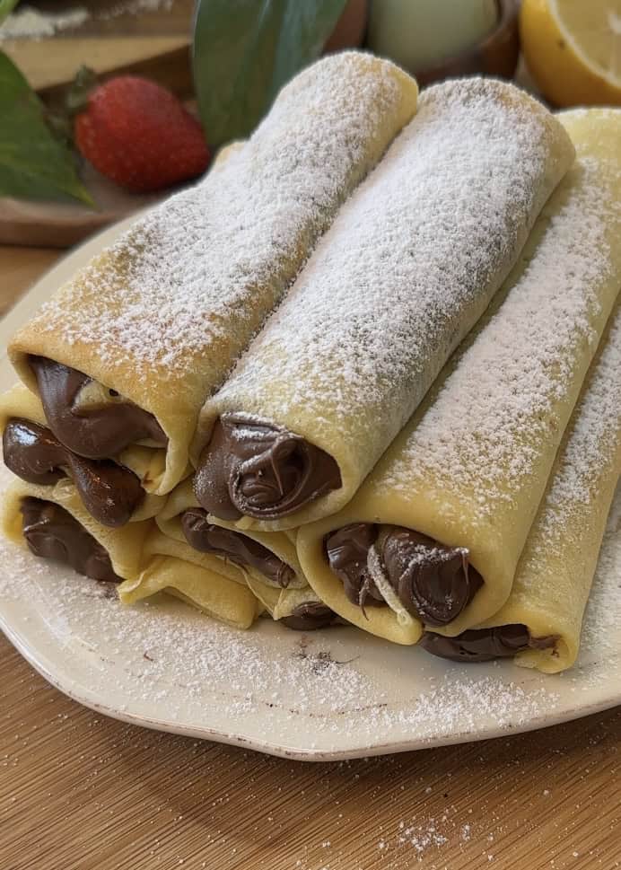 Stack of Nutella crepe rolls on a plate with Nutella oozing out and powdered sugar on top, ready to serve