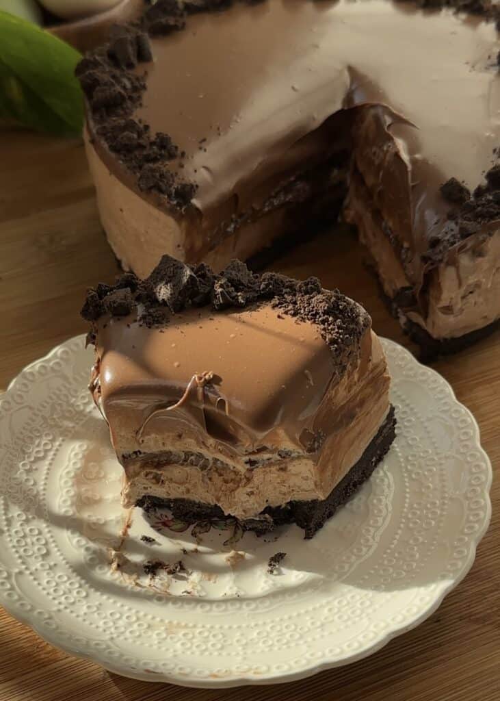 Half-eaten slice of no-bake Nutella cheesecake showing Oreo crust, creamy filling, and Nutella layers.