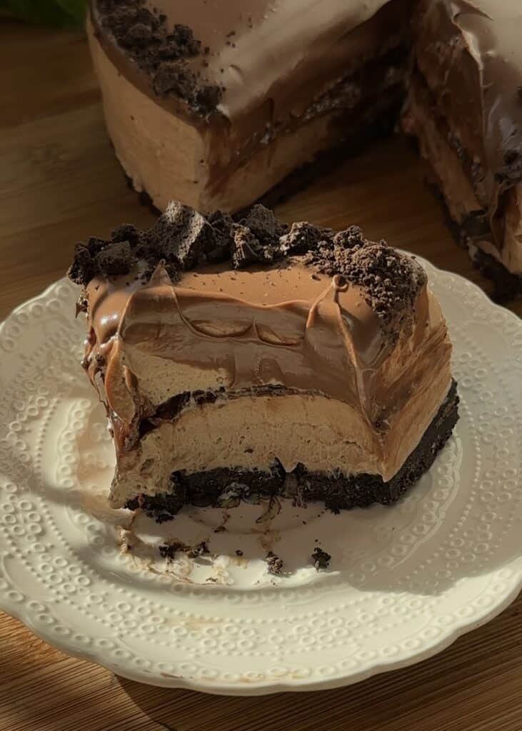 Half-eaten slice of no-bake Nutella cheesecake showing Oreo crust, creamy filling, and Nutella layers.