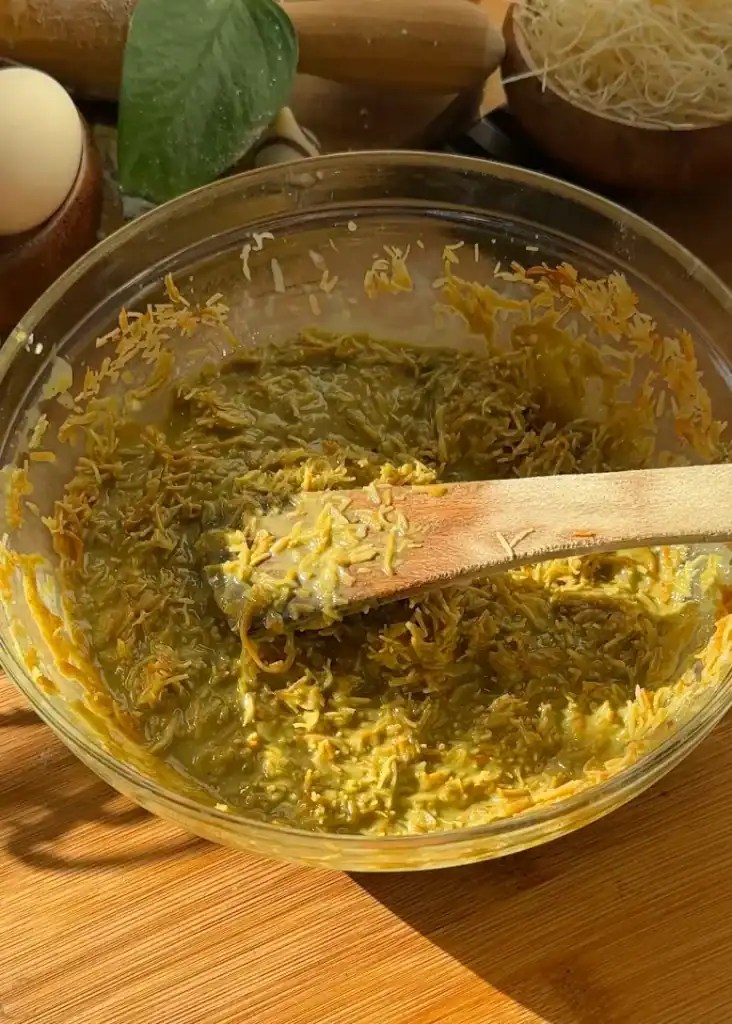 A mixture of pistachio cream, tahini, and toasted kataifi, creating a rich and crunchy filling for homemade Dubai chocolate.