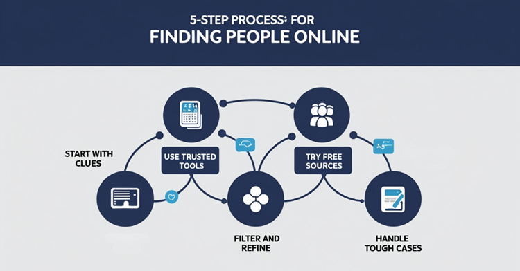 5-step process diagram for finding people online