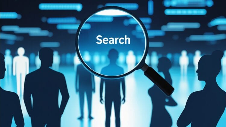Digital illustration showing a magnifying glass hovering over connected human silhouettes, representing modern people search methods