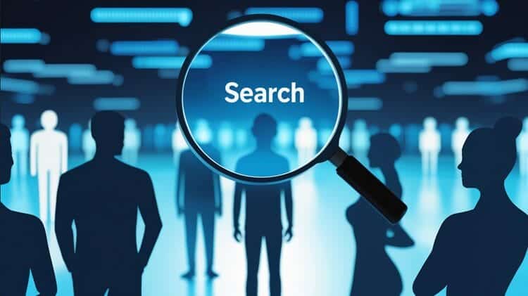 Digital illustration showing a magnifying glass hovering over connected human silhouettes, representing modern people search methods