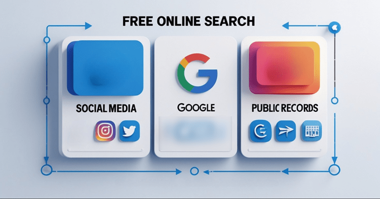 Grid display of free online search methods including social media, Google, and public records icons