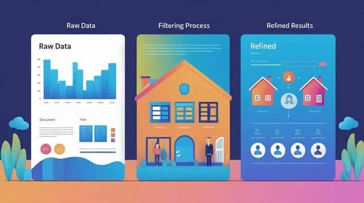 Infographic showing the process of filtering and interpreting address search results