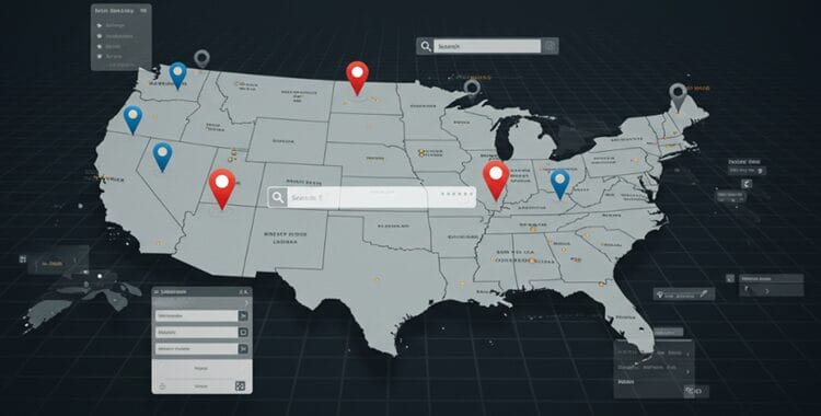 Interactive map showing location-specific search tools with highlighted US cities and search interfaces