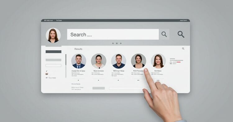 Professional search engine interface showing people search results
