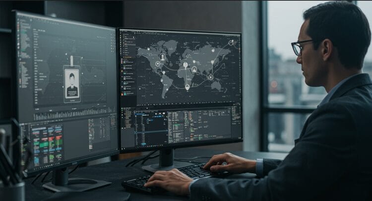 Professional using multiple screens for digital identity verification and people search