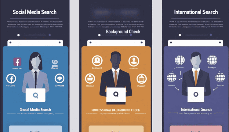 Three-panel infographic showing different people search scenarios - social media, background checks, and international searches