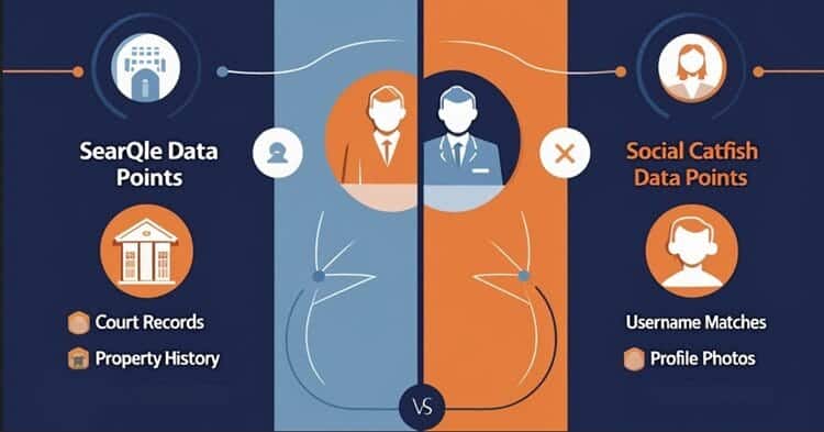 Comparison infographic showing different data types provided by Searqle and Social Catfish