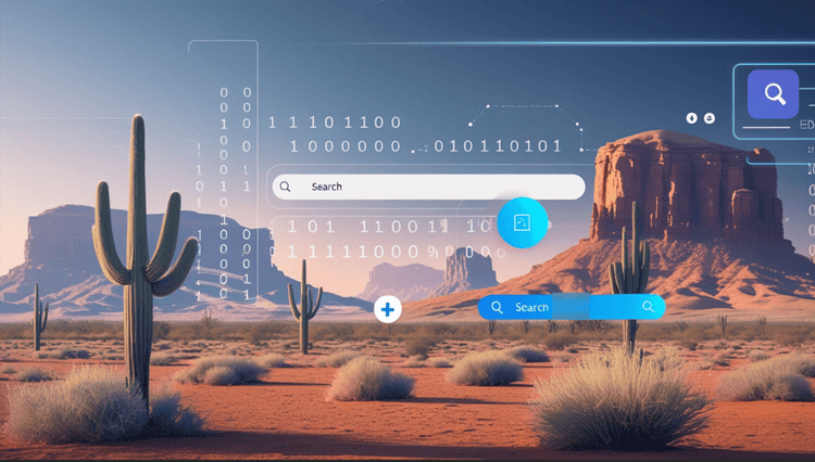 Digital illustration combining Arizona landscape with online search elements, representing online people search tools