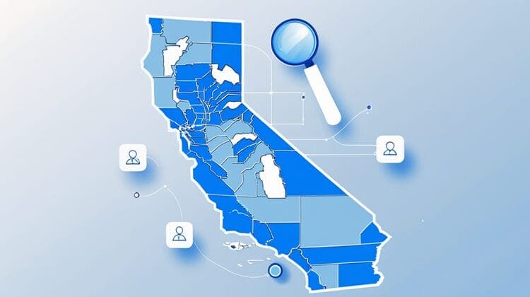 Digital illustration of California map with search elements and connecting points, representing people search tools