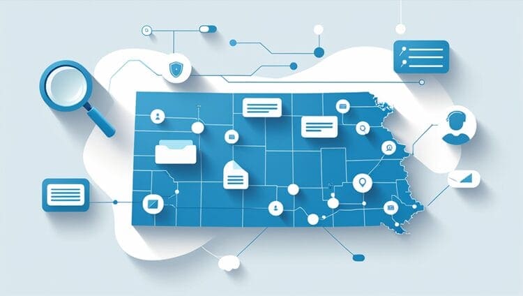 Digital illustration of Kansas state map with search and networking elements