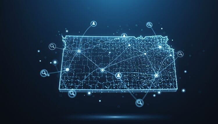 Digital visualization of Kansas state map with connected search points and modern technology elements