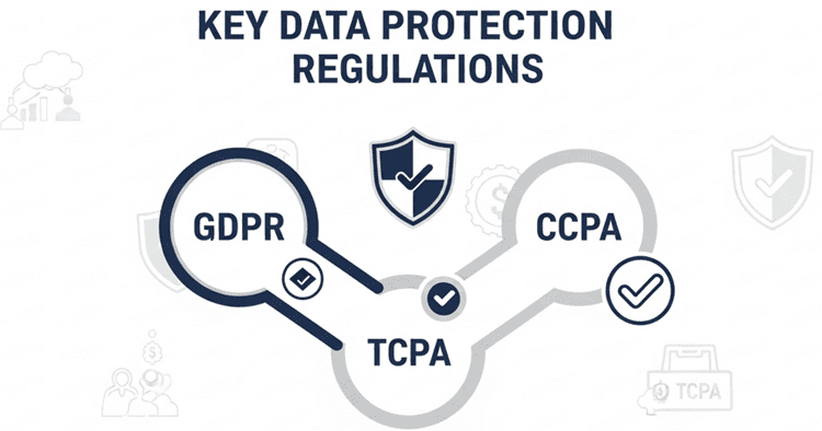 Infographic showing key data protection regulations GDPR, CCPA, and TCPA