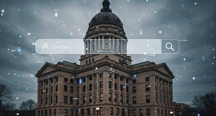 Kansas courthouse building with digital search interface overlay