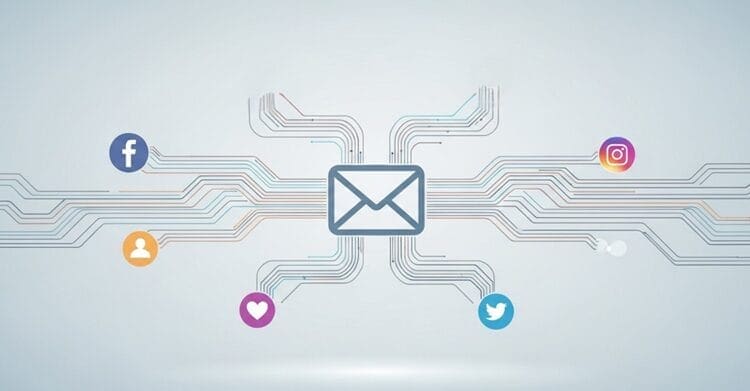 Network diagram showing connected social media platforms and email search process