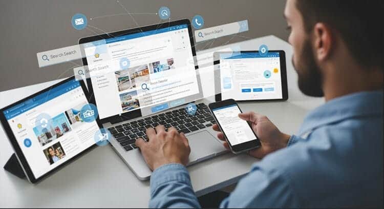 Person conducting advanced online searches across multiple devices
