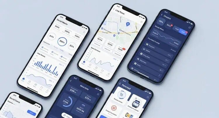 Professional mobile monitoring dashboard showing multiple tracking features including social media, GPS, and parental controls