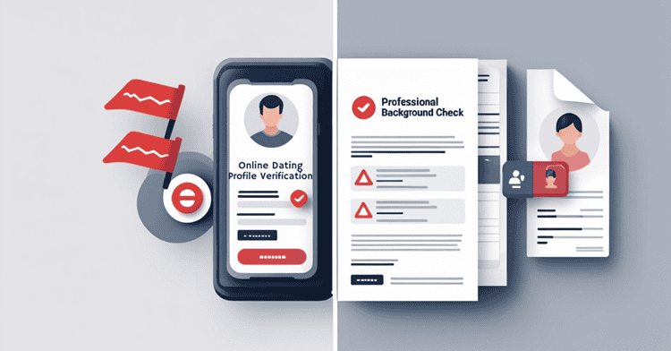 Split illustration showing online dating verification and professional background checking processes