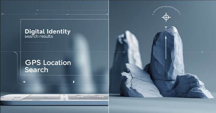 Split-screen visualization of digital people search interface and GPS tracking system