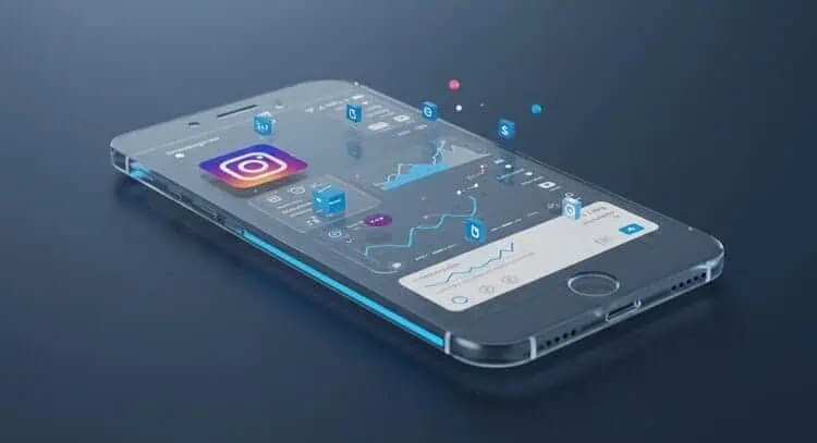 Transparent smartphone showing Instagram monitoring interface with data visualization elements