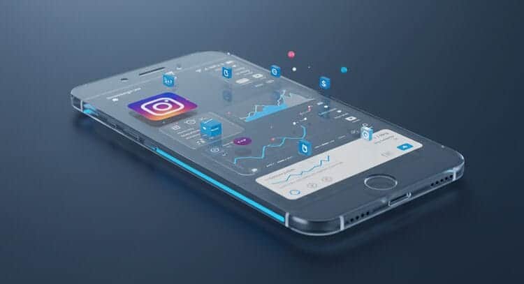 Transparent smartphone showing Instagram monitoring interface with data visualization elements