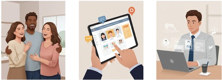 Visual sequence showing different real-world applications of people search platforms