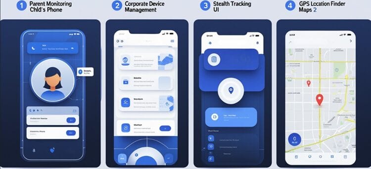 Comprehensive visualization of different phone tracking applications and use cases including parental control, corporate management, and GPS tracking
