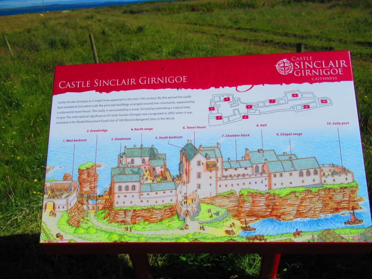 Information board showing sections of Castle Sinclair Girnigoe.