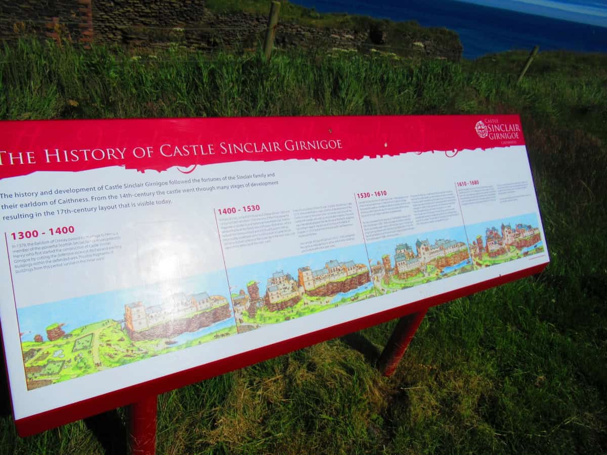 Information board of Castle Sinclair Girnigoe history from 1300 onwards.