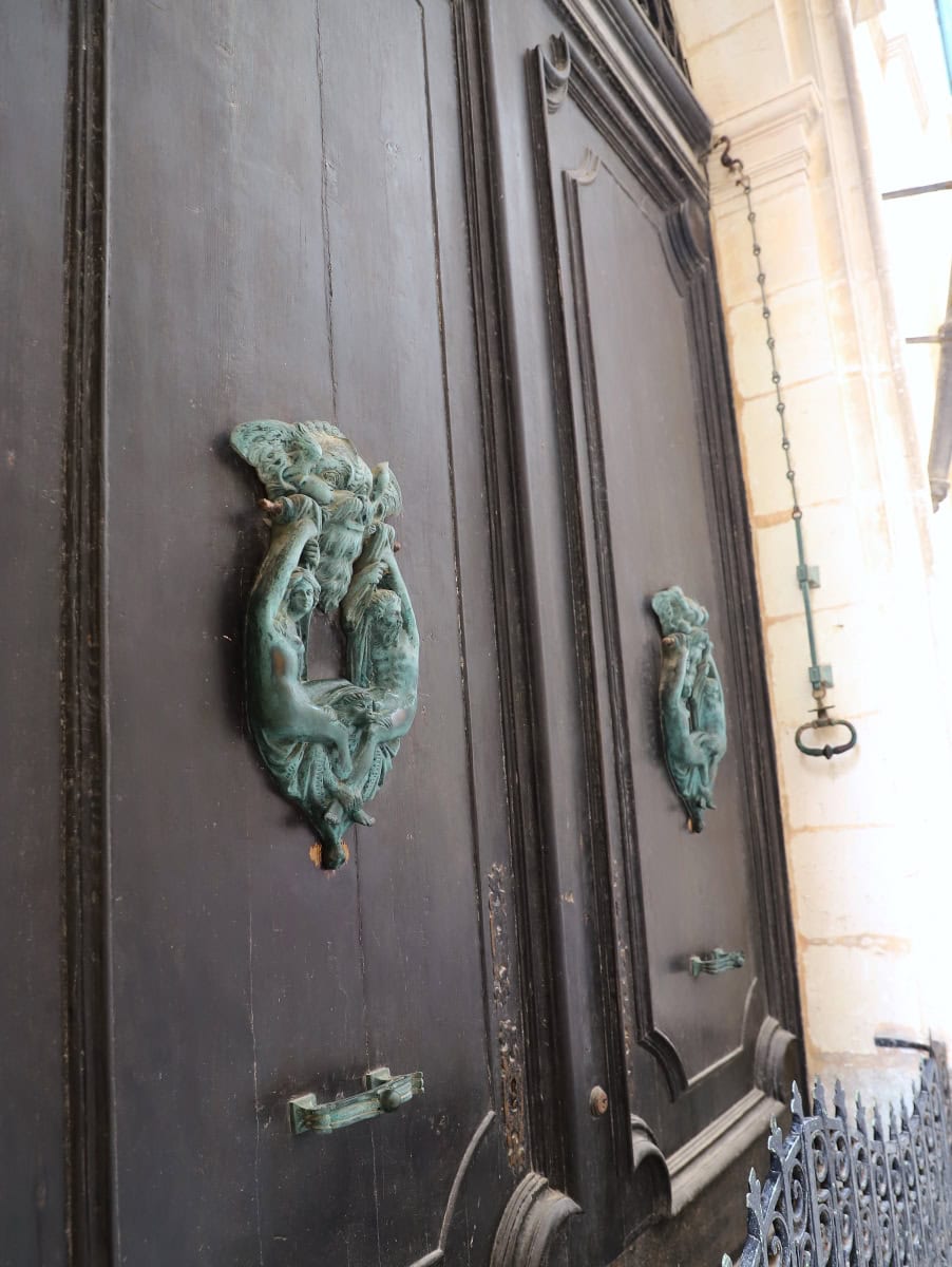 Intricate vintage door with ornate bronze lion-head knockers, historical architecture details.