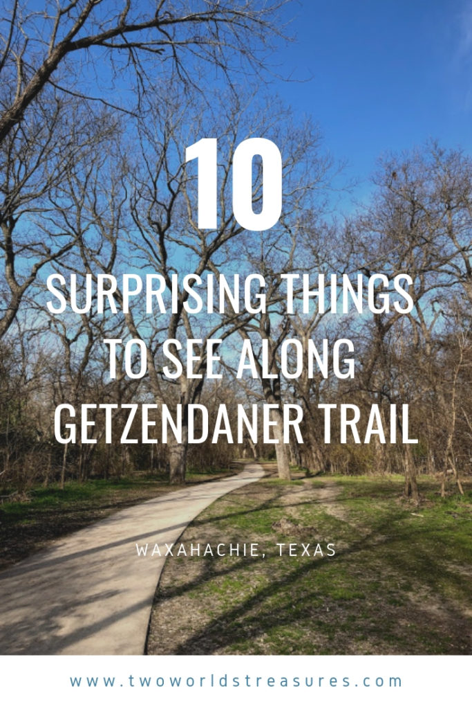 Looking for a new hiking trail? Head over to Getzendaner Memorial Park in Waxahachie, Texas. Hike on its approximately 7-3/4 paved trails (round trip), mostly under big trees, and let the 10 surprising things to see along Getzendaner trail make you smile and wonder. Located about 30 minutes to the south of Dallas or 50 minutes to the southeast of Ft. Worth.