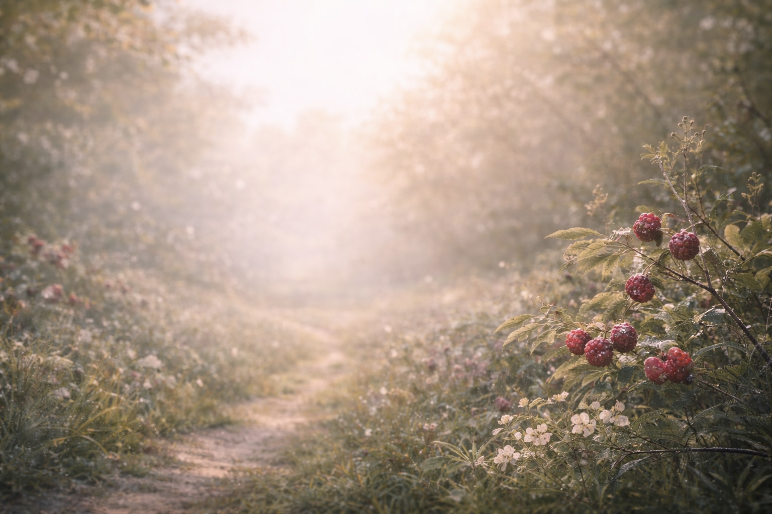 Sunlit forest path with wild raspberry bushes and soft morning mist.