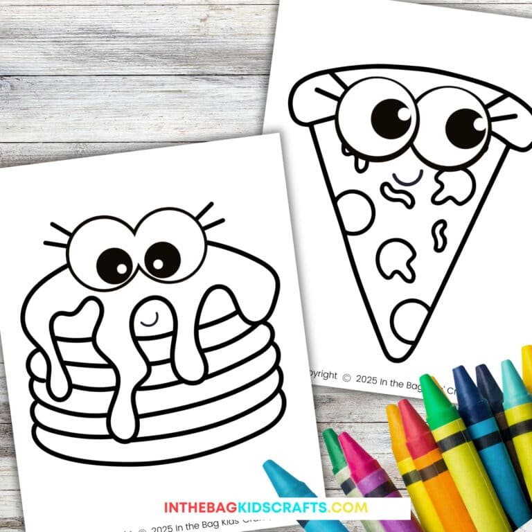 Two black-and-white free printable food coloring pages for kids featuring a smiling stack of pancakes with dripping syrup and a cute pizza slice with big eyes, placed on a wooden surface with colorful crayons nearby.