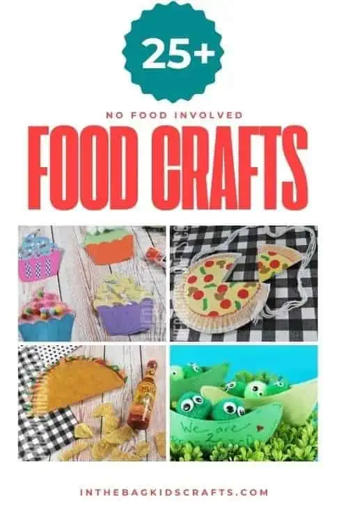 A collage of colorful food crafts for kids, including tacos, cupcakes, pizza, and gummy bears, showcasing fun and creative food-themed crafts made from paper and other simple materials.